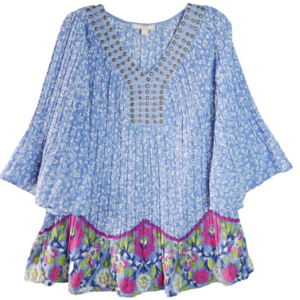 Woman Within 1X Sheer Accordion Pressed Metal Embellished Flowy Blue Floral Top